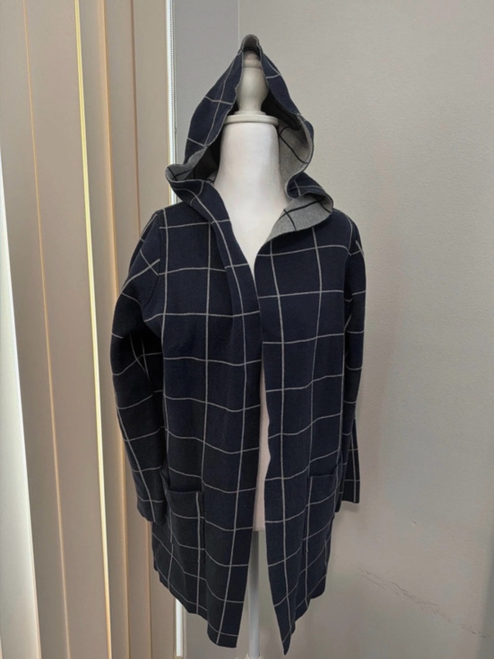 Black Tape_ Navy and White Windowpane Hooded Cardigan